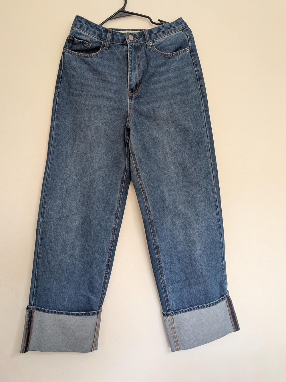 Tinsel town Cuffed Medium Blue Denim Jeans with Contrast Topstitching